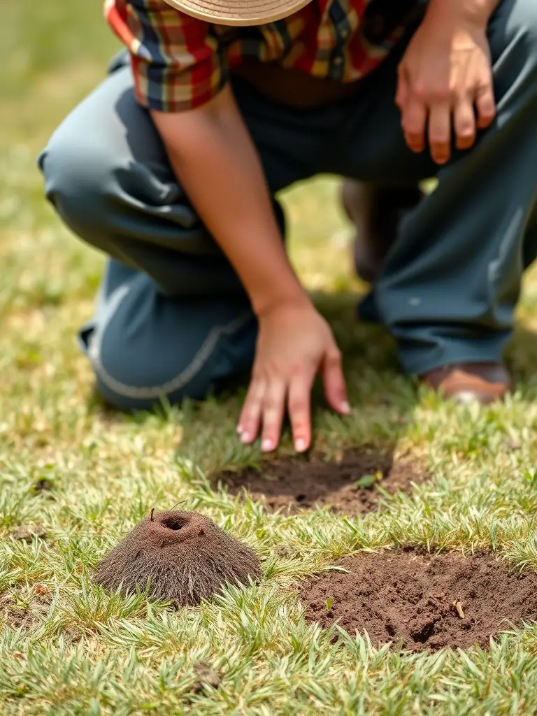 A photo of a pest control specialist inspecting a lawn for mole activity, focusing on molehills and tunnels.