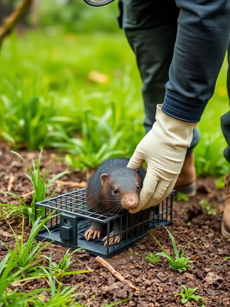 A photo of a pest control expert removing a mole from a trap, showcasing humane and professional handling.
