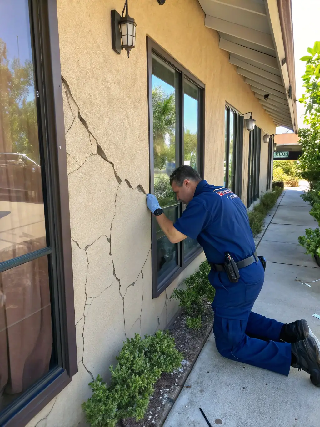 A landlord inspecting a property, looking concerned about potential pest issues, with a focus on areas where pests might enter or nest.
