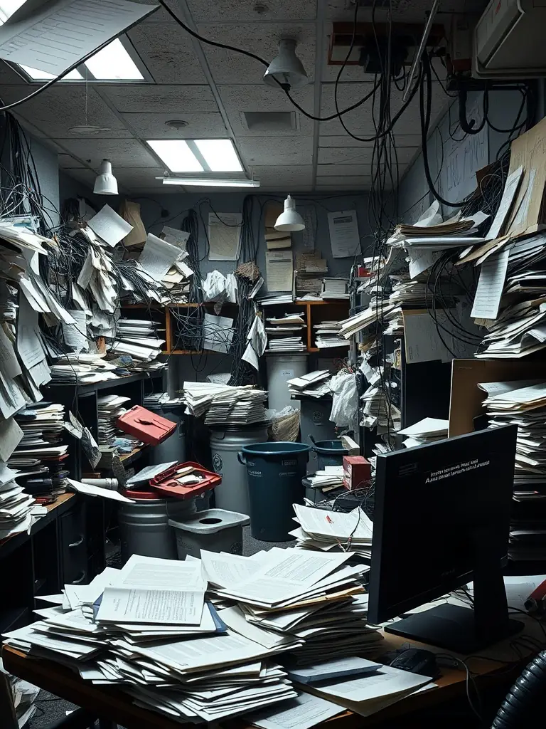 A modern office space with employees working, but with subtle signs of pest presence, like droppings near a desk or damaged cables.