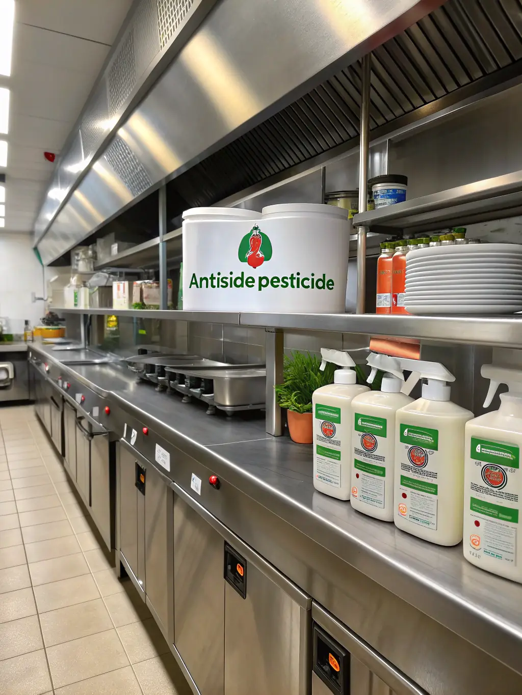 A restaurant kitchen with chefs preparing food, but with a focus on cleanliness and pest prevention measures in place.